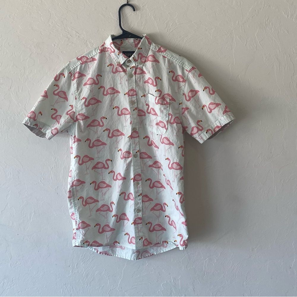 Super Massive Men Mint Green pink flamingo short sleeve button down shirt